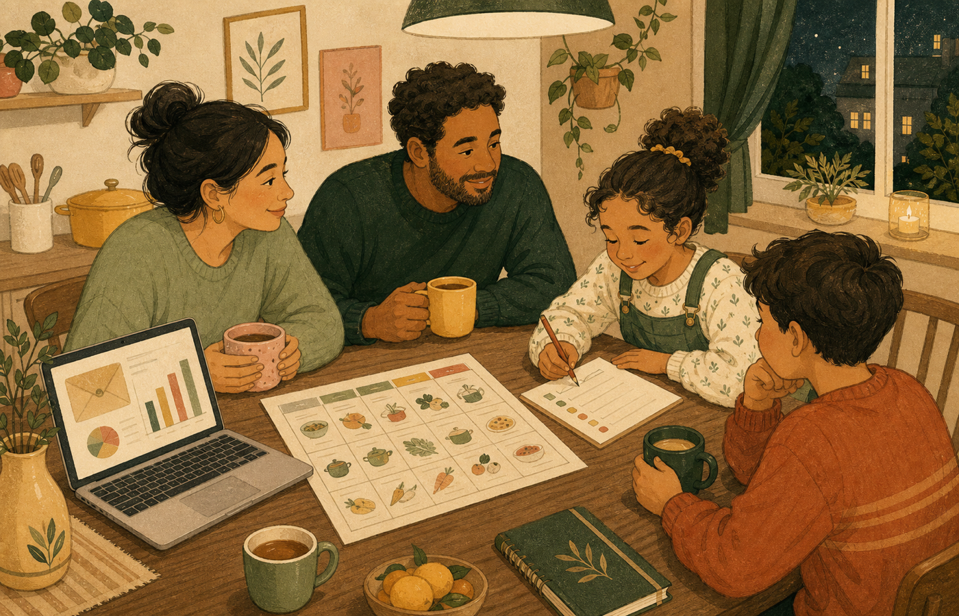 A family of four around the kitchen table in the evening, planning the week together over a laptop showing budget bars and a paper meal plan.
