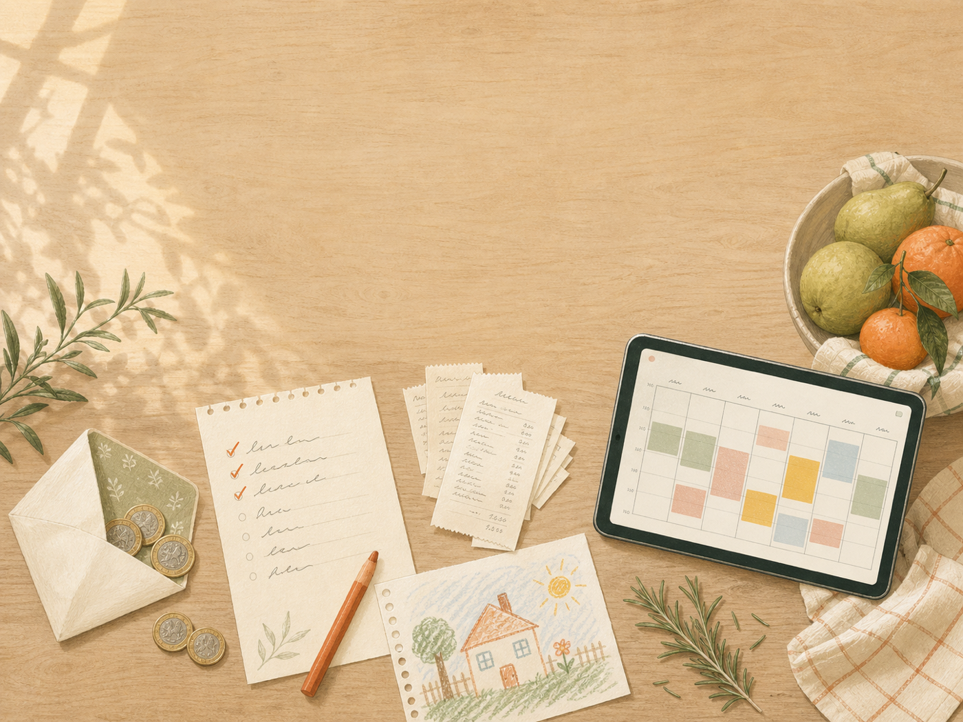A kitchen table from above: an envelope of coins, a ticked shopping list, grocery receipts, a child's drawing, and a tablet showing the family week.