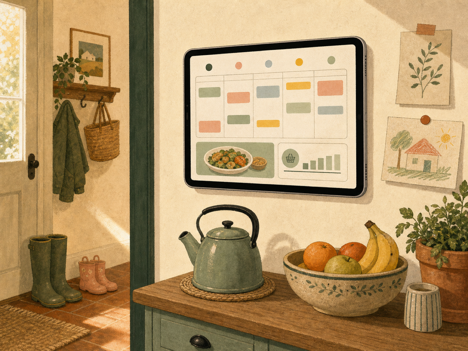 A family kitchen wall with an ordinary tablet mounted beside the door, showing the week's colour-coded calendar, tonight's dinner, and the grocery budget.